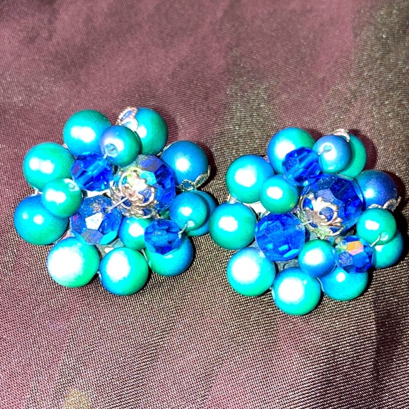 Vintage Cluster Earrings Multitone Blue & Silver - Picture 1 of 2
